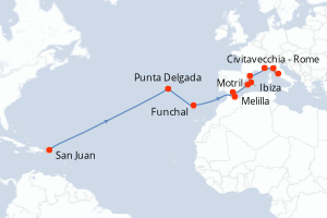 Carte itinéraire croisière - 17 jours au départ de San Juan - Transatlantique