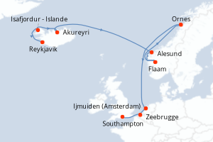 Carte itinéraire croisière - 10 jours au départ de Reykjavik - Europe du Nord