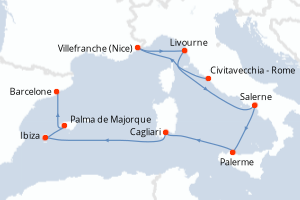 Carte itinéraire croisière - 9 jours au départ de Civitavecchia - Rome - Méditerranée