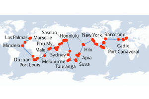 Carte itinéraire croisière - 136 jours au départ de Marseille - Tour du Monde