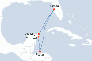 Carte itinéraire croisière  - 7 jours au départ de Tampa - Caraïbes Mexique