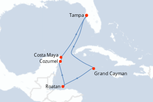 Carte itinéraire croisière - 8 jours au départ de Tampa - Caraïbes Mexique