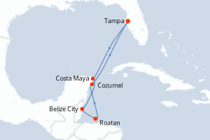 Carte itinéraire croisière  - 8 jours au départ de Tampa - Caraïbes Mexique