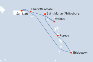 Carte itinéraire croisière - 7 jours au départ de San Juan - Caraïbes Bahamas