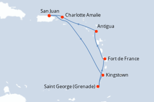 Carte itinéraire croisière - 7 jours au départ de San Juan - Caraïbes Bahamas