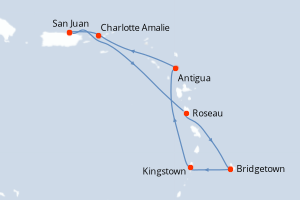 Carte itinéraire croisière - 7 jours au départ de San Juan - Caraïbes Bahamas