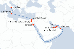 Carte itinéraire croisière - 17 jours au départ de Dubai - Moyen-Orient Dubaï