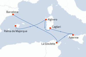 Carte itinéraire croisière - 6 jours au départ de Palma de Majorque - Méditerranée
