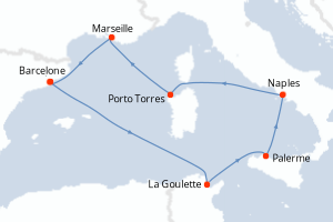Carte itinéraire croisière - 7 jours au départ de Barcelone - Méditerranée