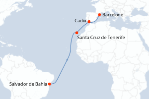Carte itinéraire croisière - 11 jours au départ de Barcelone - Transatlantique