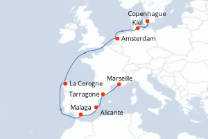Carte itinéraire croisière - 11 jours au départ de Kiel - Méditerranée