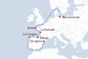 Carte itinéraire croisière - 9 jours au départ de Tarragone - Europe du Nord