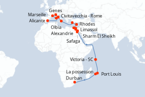 Carte itinéraire croisière - 31 jours au départ de Alicante - Afrique du Sud