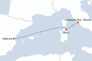 Carte itinéraire croisière - 3 jours au départ de Valence - Méditerranée