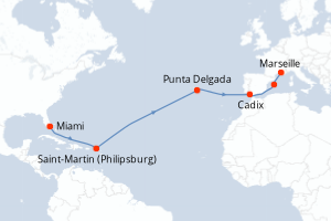 Carte itinéraire croisière  - 15 jours au départ de Miami - Transatlantique