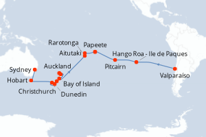 Carte itinéraire croisière - 34 jours au départ de Valparaíso - Australie Nouvelle Zélande