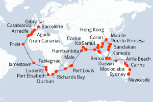 Carte itinéraire croisière - 93 jours au départ de Sydney - Tour du Monde