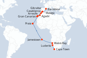 Carte itinéraire croisière - 24 jours au départ de Cape Town - Méditerranée