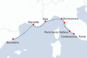 Carte itinéraire croisière - 7 jours au départ de Barcelone - Méditerranée