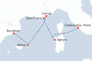 Carte itinéraire croisière - 6 jours au départ de Barcelone - Méditerranée