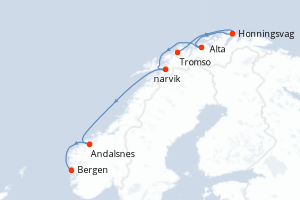 Carte itinéraire croisière - 6 jours au départ de Tromso - Europe du Nord