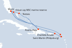 Carte itinéraire croisière  - 14 jours au départ de Miami - Caraïbes Bahamas