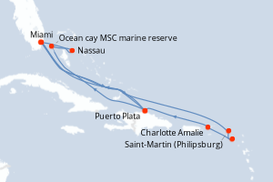 Carte itinéraire croisière  - 14 jours au départ de Miami - Caraïbes Bahamas