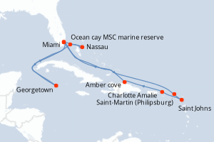 Carte itinéraire croisière  - 14 jours au départ de Miami - Caraïbes Bahamas