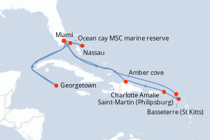 Carte itinéraire croisière  - 14 jours au départ de Miami - Caraïbes Bahamas