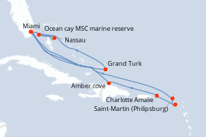 Carte itinéraire croisière  - 14 jours au départ de Miami - Caraïbes Bahamas