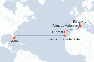Carte itinéraire croisière  - 14 jours au départ de Barcelone - Transatlantique