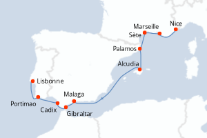 Carte itinéraire croisière  - 10 jours au départ de Nice - Atlantique