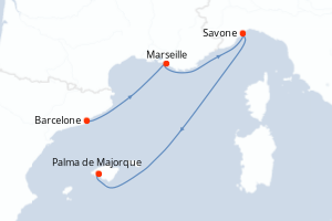 Carte itinéraire croisière - 4 jours au départ de Barcelone - Iles Baleares