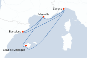 Carte itinéraire croisière - 7 jours au départ de Barcelone - Méditerranée