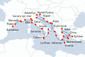 Carte itinéraire croisière - 37 jours au départ de Barcelone - Méditerranée
