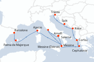 Carte itinéraire croisière - 14 jours au départ de Barcelone - Méditerranée