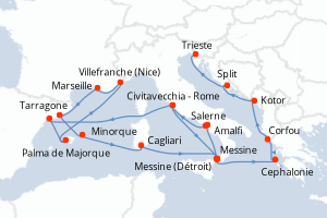 Carte itinéraire croisière - 21 jours au départ de Civitavecchia - Rome - Méditerranée