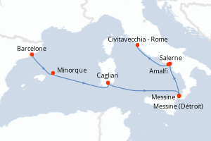 Carte itinéraire croisière - 7 jours au départ de Barcelone - Méditerranée