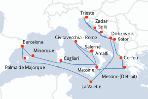 Carte itinéraire croisière - 21 jours au départ de Barcelone - Méditerranée
