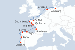 Carte itinéraire croisière - 12 jours au départ de Lisbonne - Europe du Nord