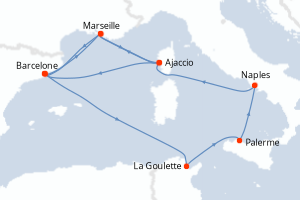 Carte itinéraire croisière - 8 jours au départ de Barcelone - Méditerranée