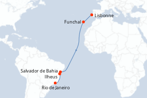 Carte itinéraire croisière - 12 jours au départ de Lisbonne - Amérique du Sud
