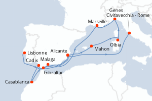 Carte itinéraire croisière - 14 jours au départ de Lisbonne - Méditerranée