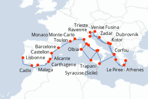 Carte itinéraire croisière - 32 jours au départ de Lisbonne - Méditerranée
