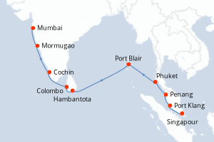 Carte itinéraire croisière - 15 jours au départ de Singapour - Mer Rouge Océan Indien