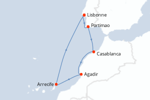 Carte itinéraire croisière - 6 jours au départ de Lisbonne - Atlantique