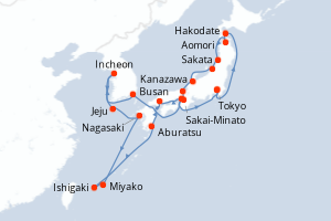 Carte itinéraire croisière - 23 jours au départ de Tokyo - Asie
