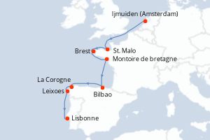 Carte itinéraire croisière - 11 jours au départ de Ijmuiden (Amsterdam) - Atlantique