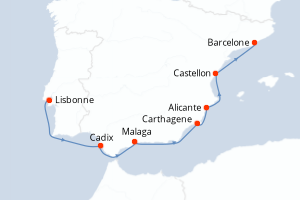 Carte itinéraire croisière - 7 jours au départ de Lisbonne - Méditerranée