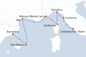 Carte itinéraire croisière - 9 jours au départ de Civitavecchia - Rome - Méditerranée